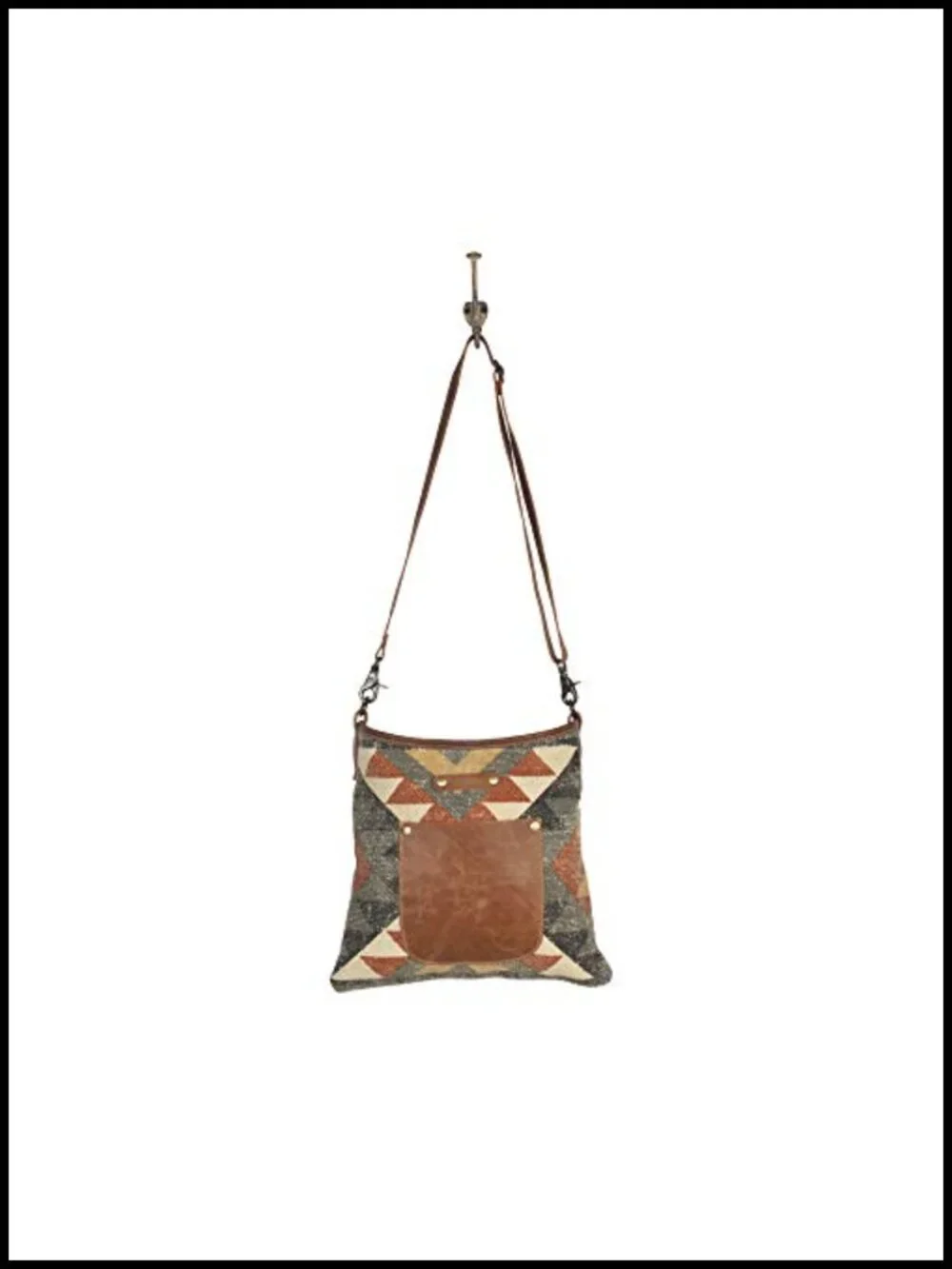Canvas Western Shoulder Bag with Leather Strap - Geometric Pattern